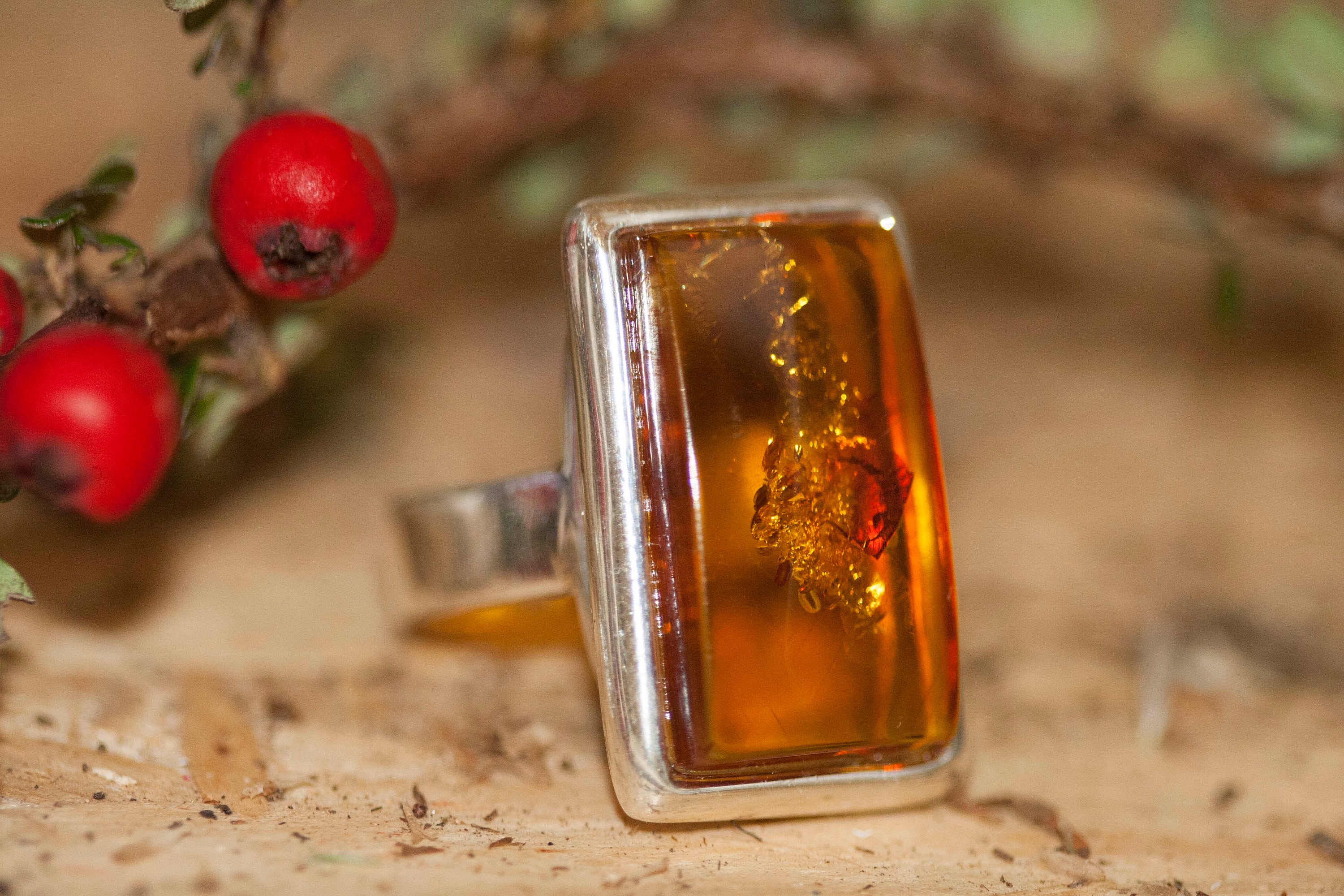 Baltic amber ring. Rectangular amber piece & sterling silver, unique