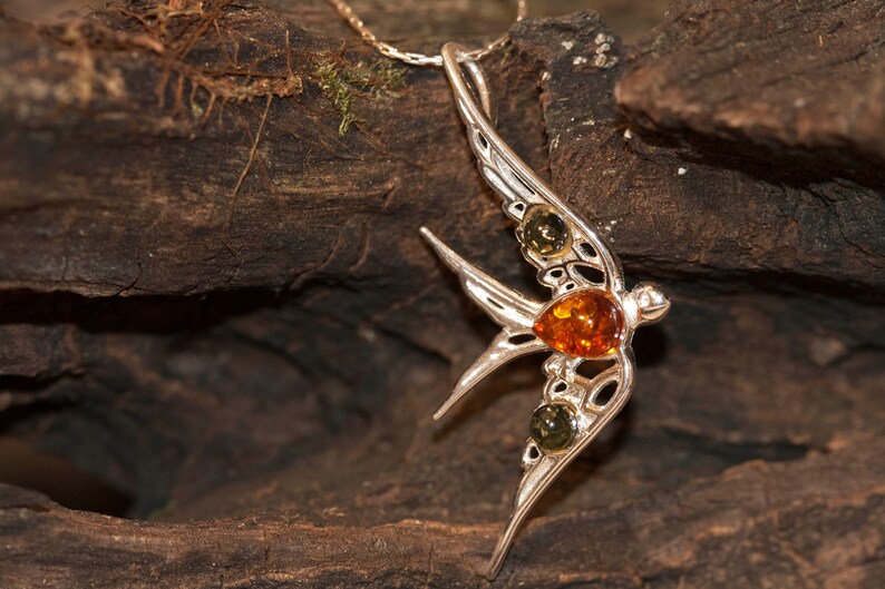 Swallow pendant silver jewelry Amber necklace Baltic Amber jewelry Swallow pendant in Sterling Silver gift Silver necklace