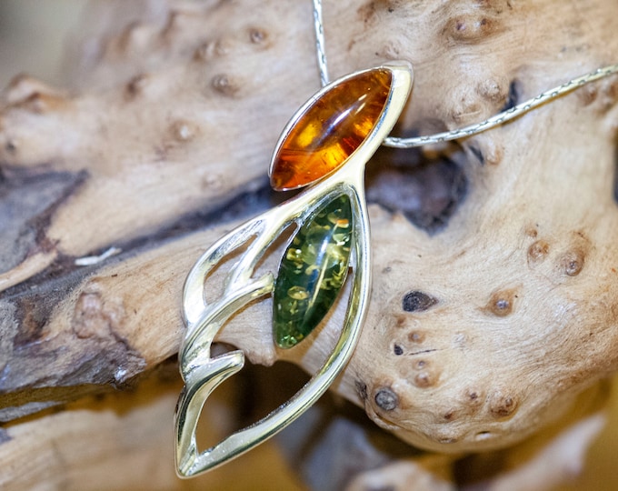 Baltic Amber Pendant. Sterling Silver. Green and cognac amber necklace, silver jewelry. Baltic Amber jewelry. Silver necklace. Perfect gift.