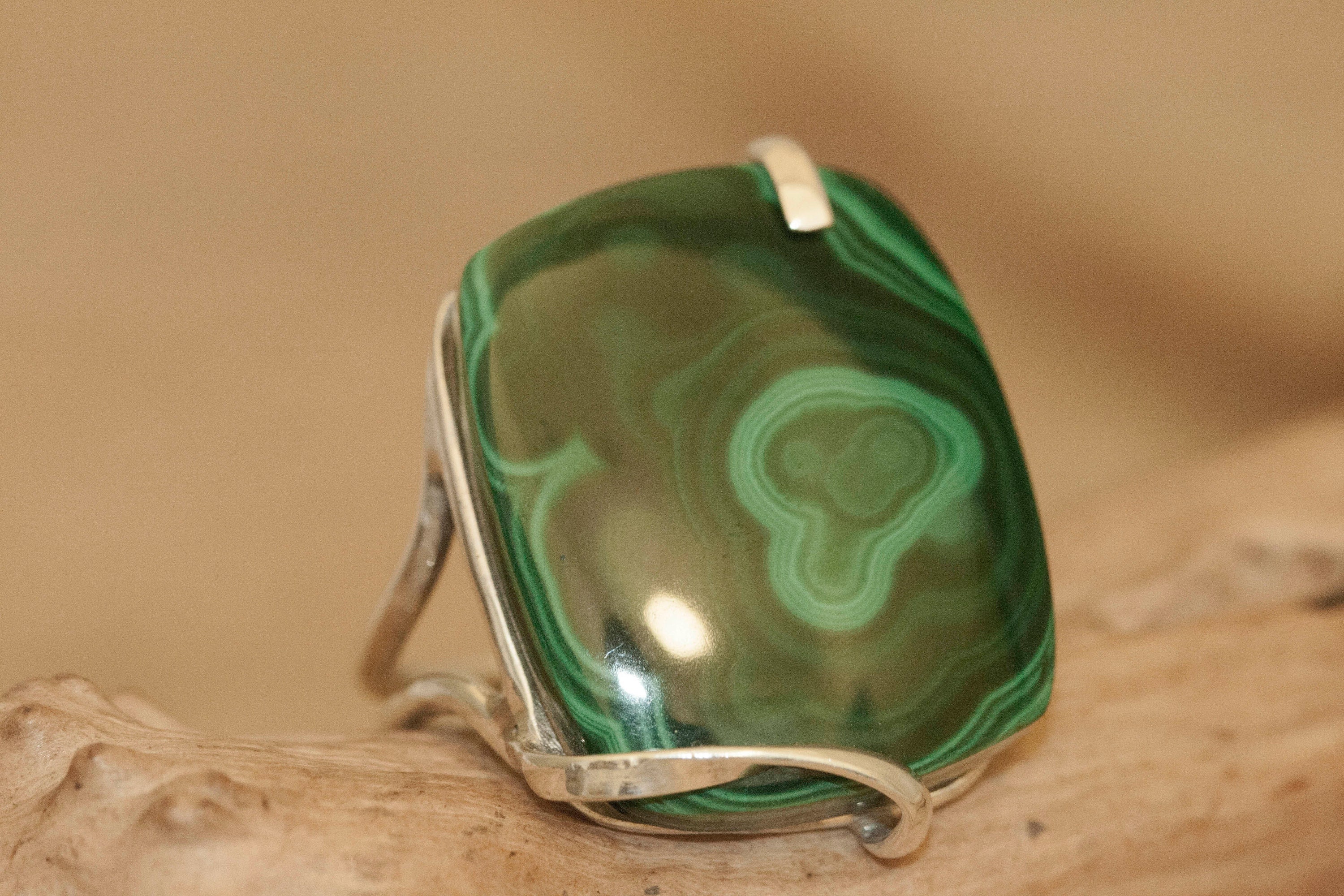 Malachite fitted in sterling silver setting. Statement ring. Malachite