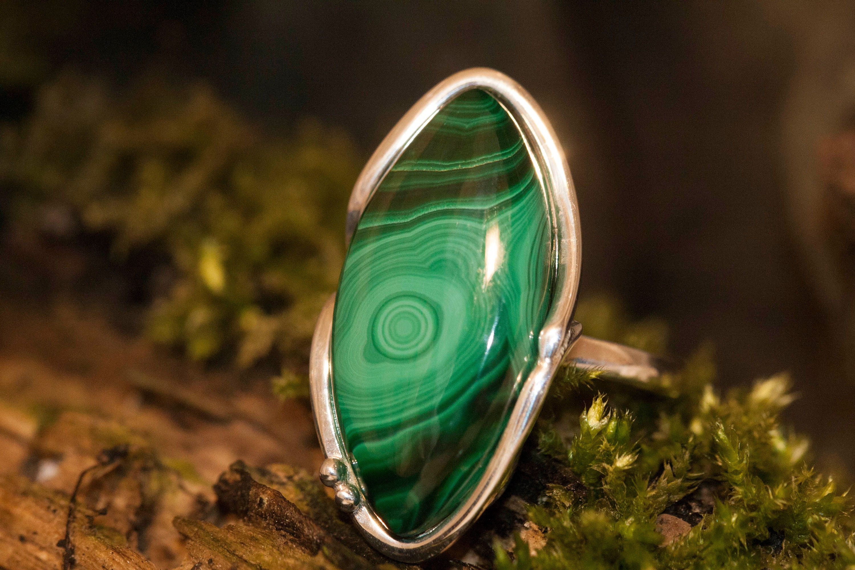 Malachite Ring fitted in sterling silver setting. Silver ring, big ring