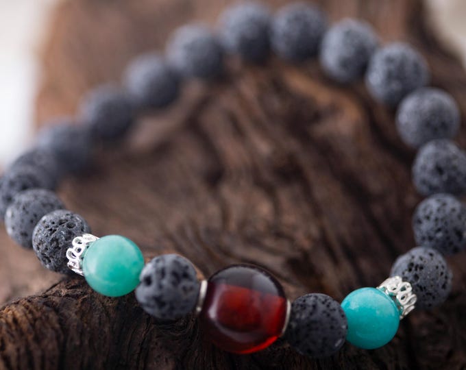 Amazonite, Lava, Amber & Sterling Silver. Unique bracelet. Gift for him. Blue bracelet. Handmade. Unisex. Unbreakable stretch. Male gift.