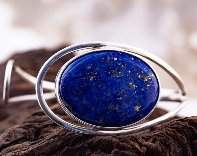 Lapis Lazuli bracelet. Sterling silver bangle bracelet. Designer bracelet. Artistic bracelet. Adjustable bracelet. Statement bracelet