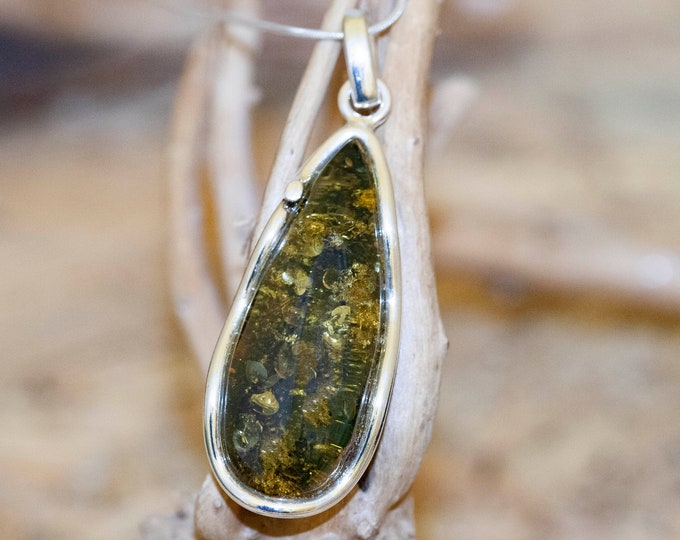 Green Amber Pendant in Sterling Silver. Elegant pendant. Substantial pendant. Perfect gift. Designer pendant. Unique. Hand made pendant.