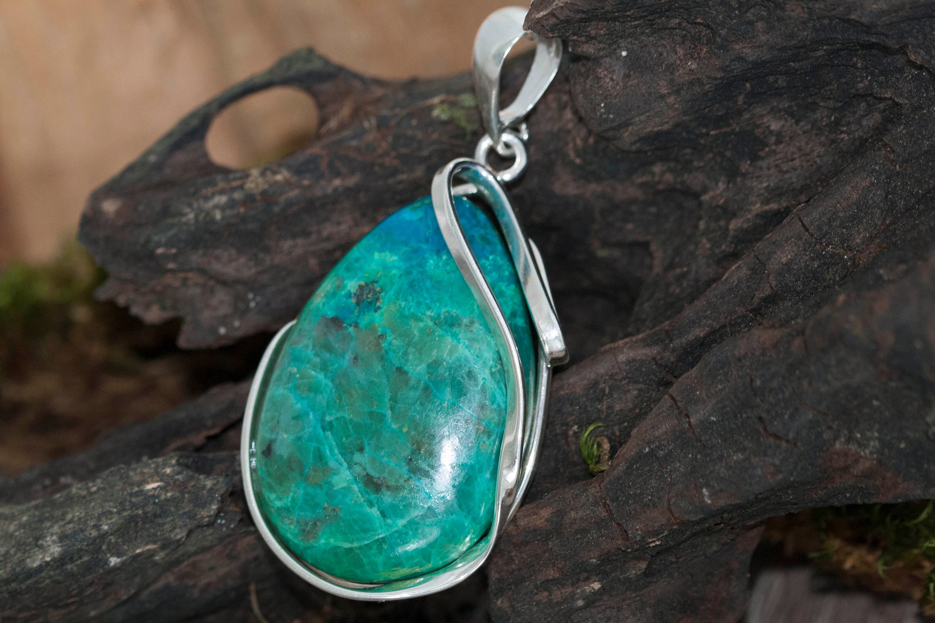 Chrysocolla Pendant fitted in Sterling Silver setting. Chrysocolla ...