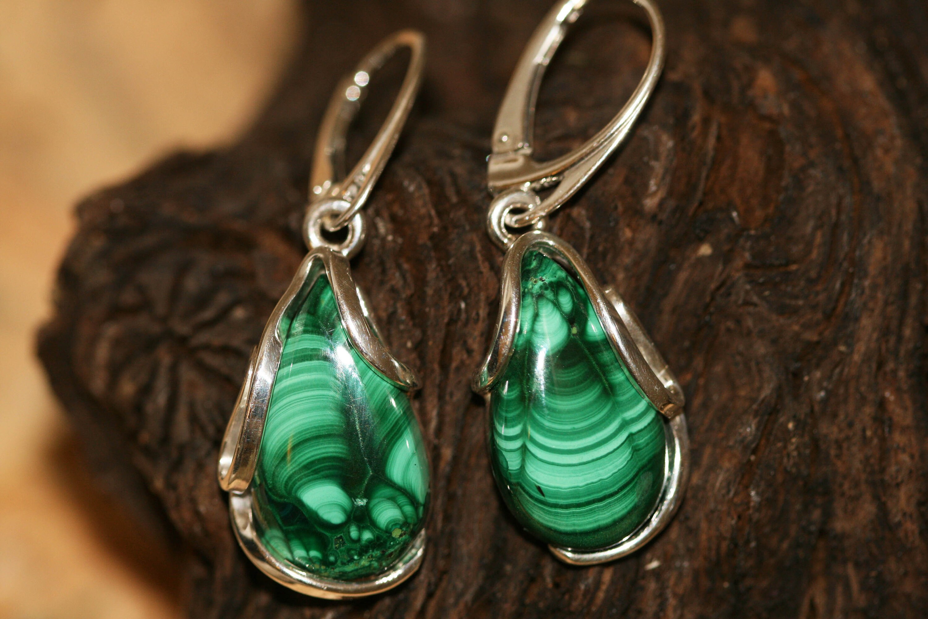 Malachite earrings fitted in Sterling Silver setting. Green earrings