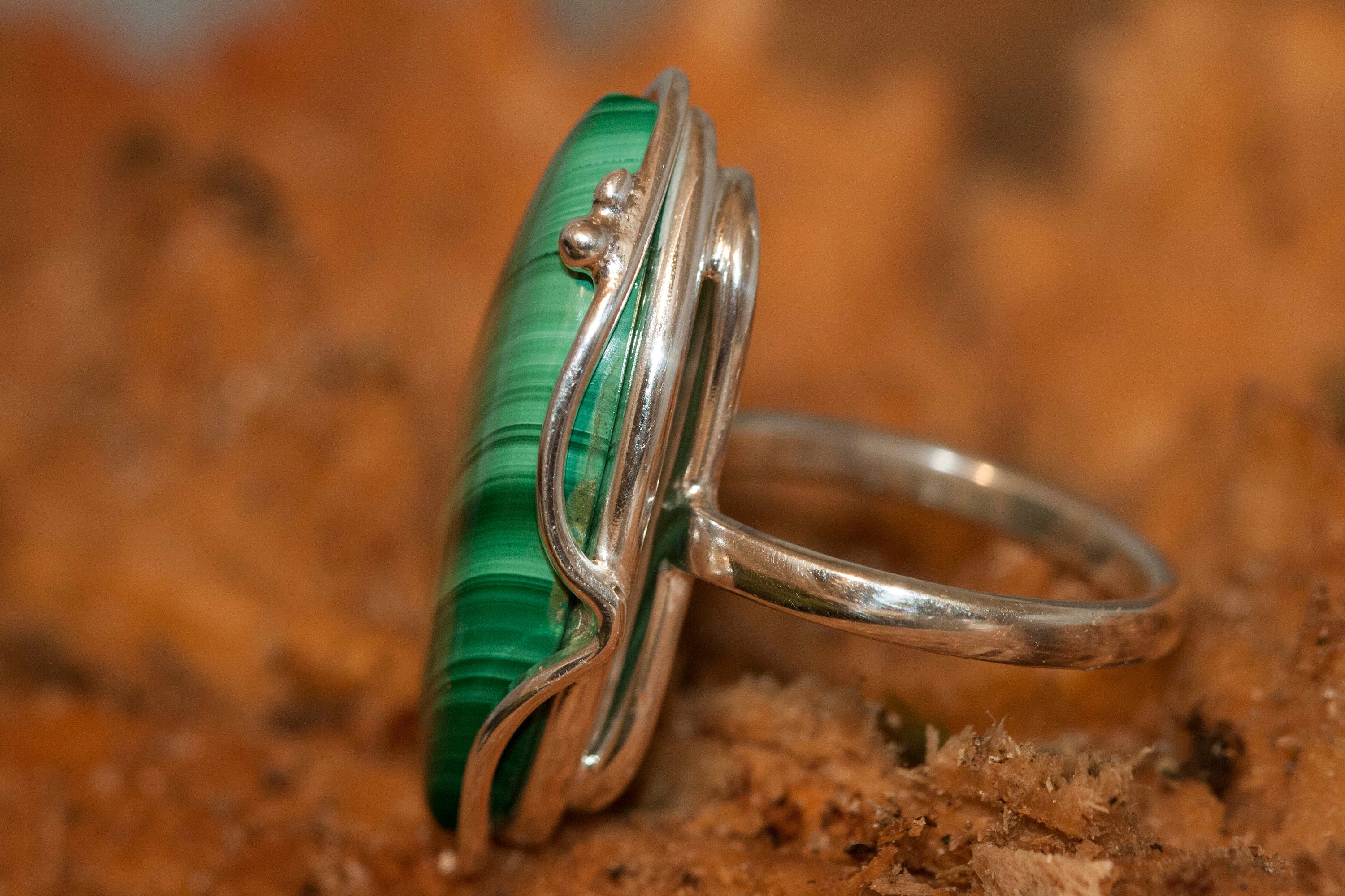 Malachite Ring fitted in sterling silver setting. Silver ring, big ring