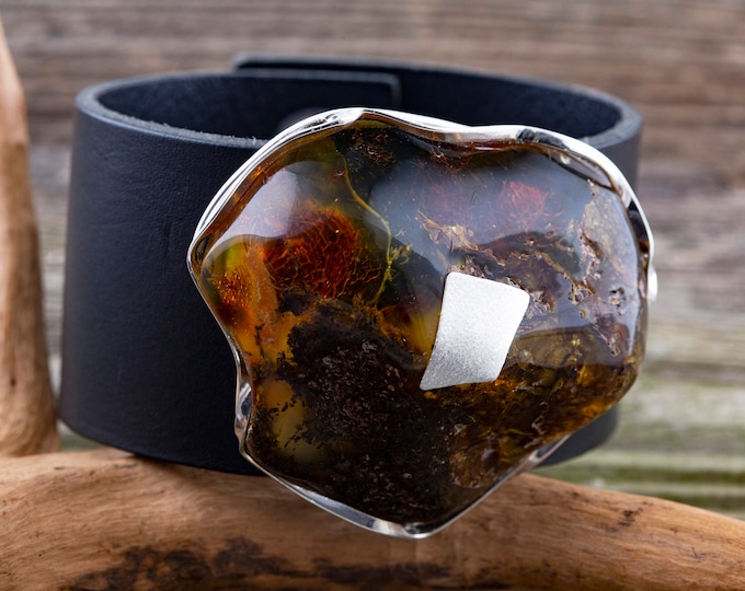 Baltic Amber Bracelet. Elegant bracelet. Designer leather bracelet. Substantial bracelet. Artistic bracelet. Unique jewelry. Modern.