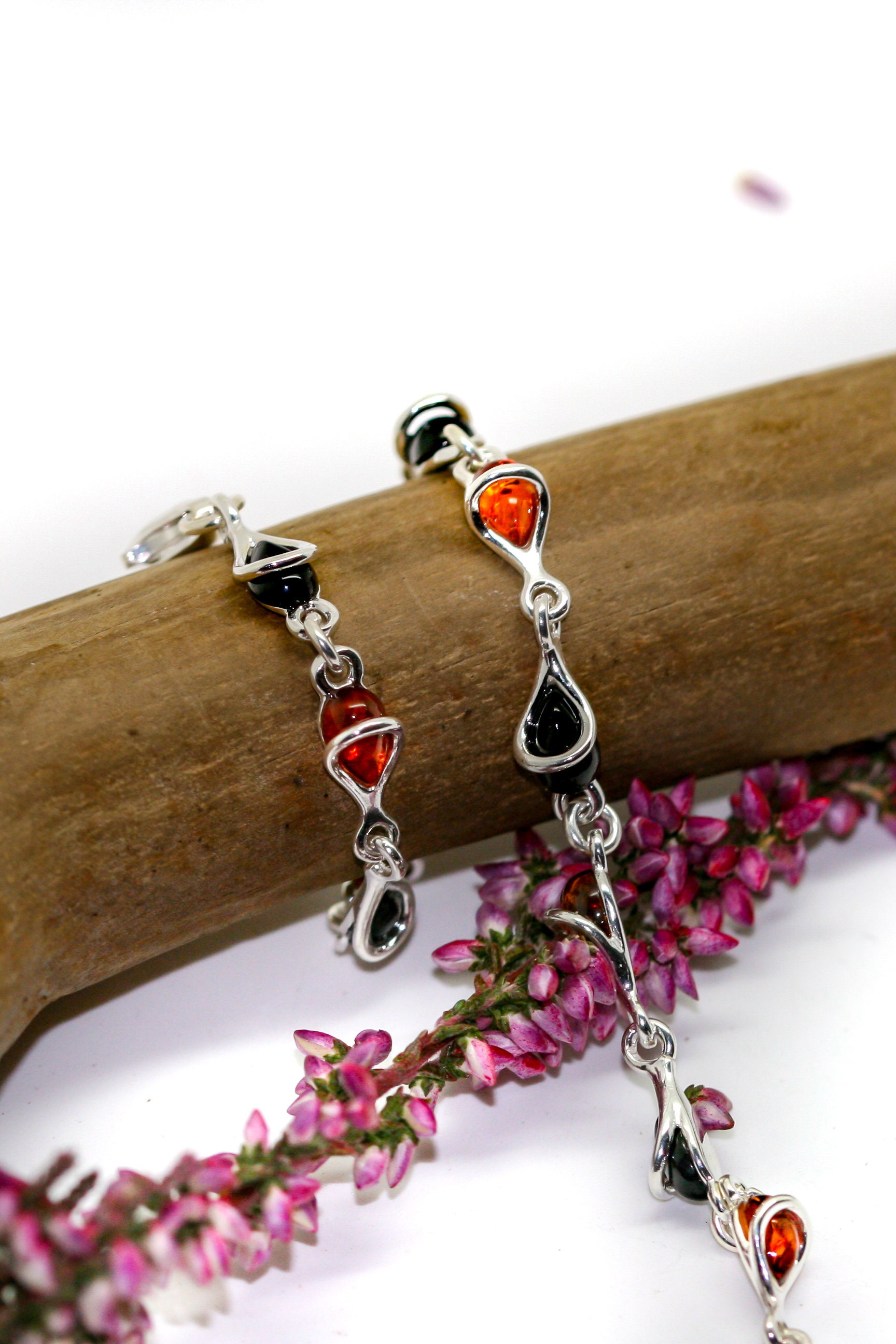 Whitby Jet and Amber bracelet. Sterling Silver Bracelet, British