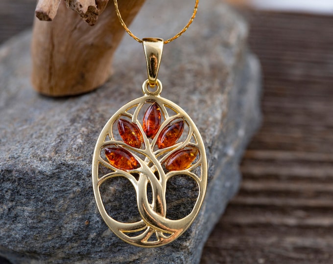 Amber & Gold. Tree of Life amber pendant. Golden pendant. Perfect gift. Elegant pendant. Contemporary jewelry. Unusual pendant. Unique