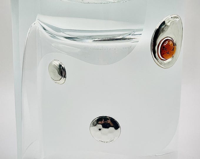 Luxury Glassware. Baltic Amber & sterling silver ornaments. Dual use. Candle holders and vase for flowers. Unique gift. Collector item.