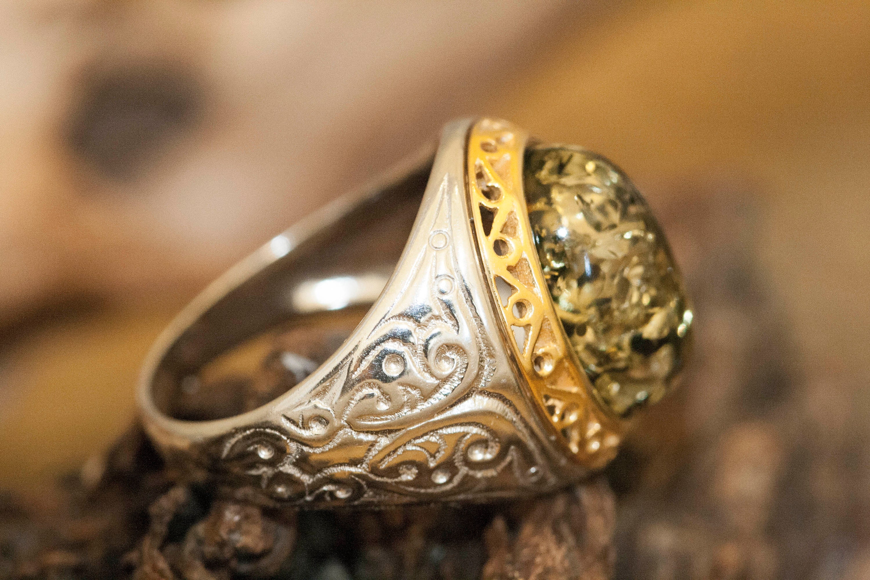 Amber & Gold Signet ring Men jewelry Sterling silver signet ring Green Amber ring Men signet ring Gift for him. Men ring