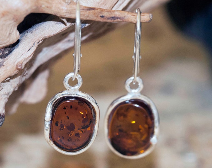 Dark cognac Amber Earrings fitted in Sterling Silver setting. Dangle earrings. Elegant earrings. Designer earrings. Unique jewelry.