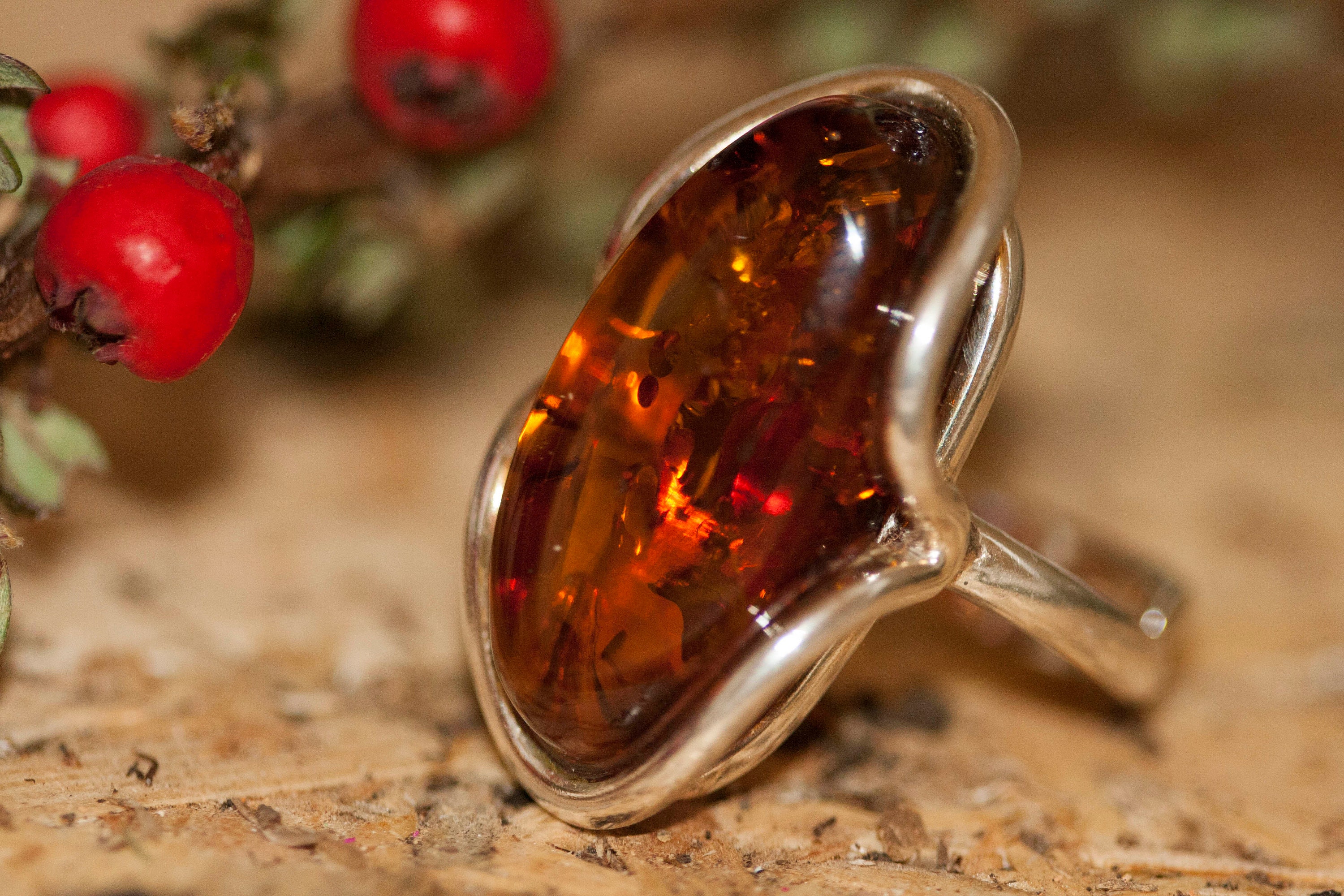 Baltic amber ring. Large, cognac amber & sterling silver, unique ring