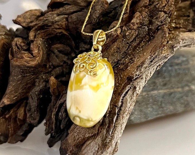 Milky Amber Pendant. Elegant pendant. Amber and gold. Designer pendant. Artistic jewelry. Contemporary pendant. White amber pendant.