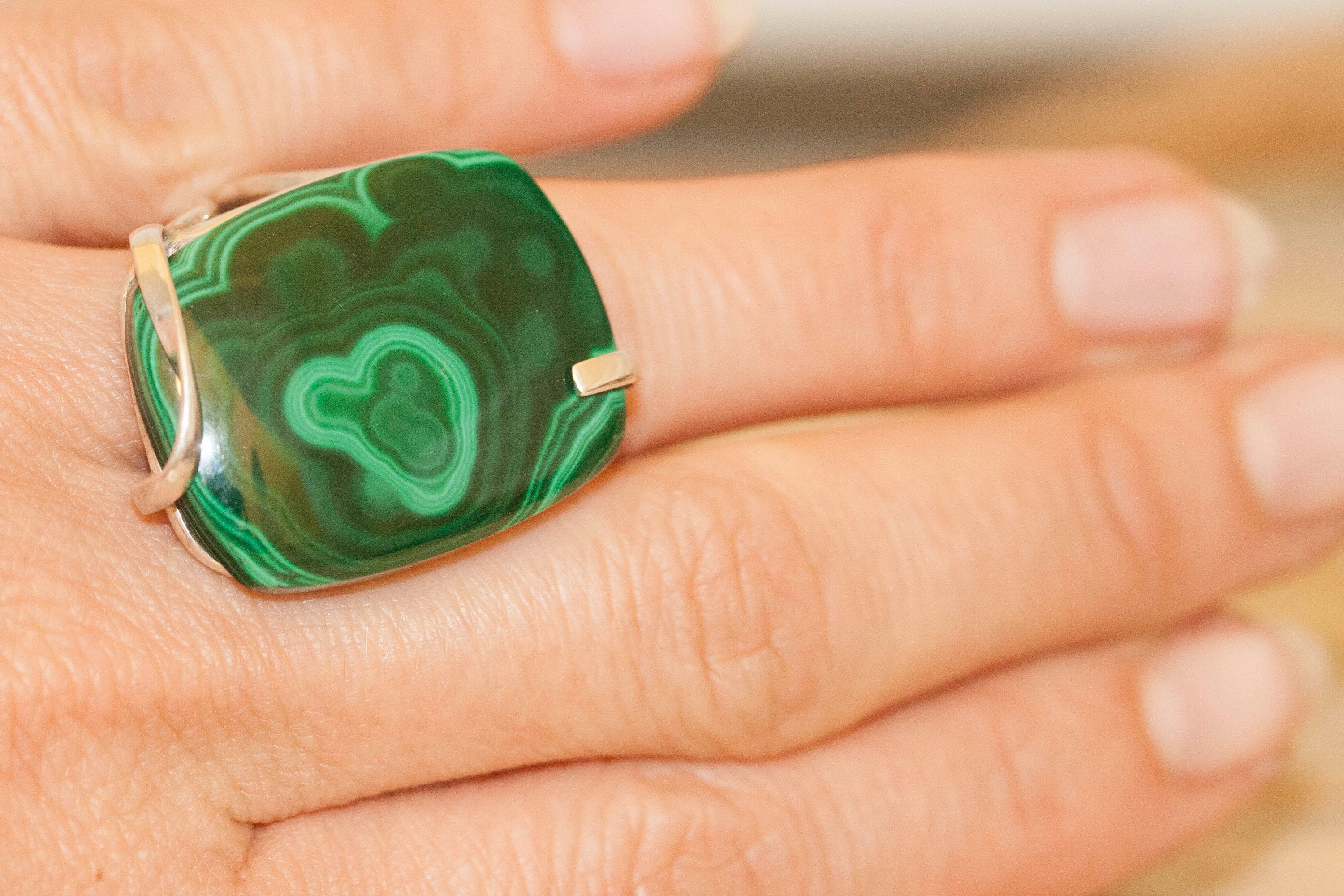 Malachite fitted in sterling silver setting. Statement ring. Malachite