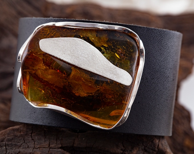 Leather & Cognac Amber. Baltic amber bracelet. Leather bracelet. Big  bracelet. Artistic bracelet. Designer bracelet. Substantial bracelet.
