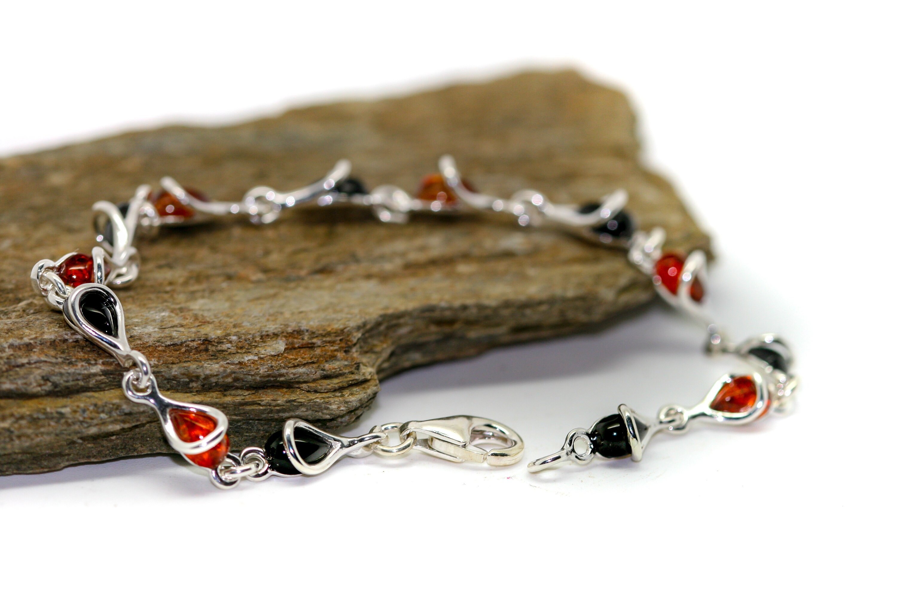 Whitby Jet and Amber bracelet. Sterling Silver Bracelet, British
