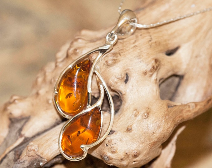 Amber Pendant in Sterling Silver. Amber pendant. Elegant pendant. Designer pendant. Unique jewelry. Perfect gift. Cognac amber.