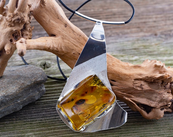 Baltic Amber Pendant. Elegant pendant. Designer pendant. Substantial pendant. Artistic pendant. Unique jewelry. Genuine amber. Modern.