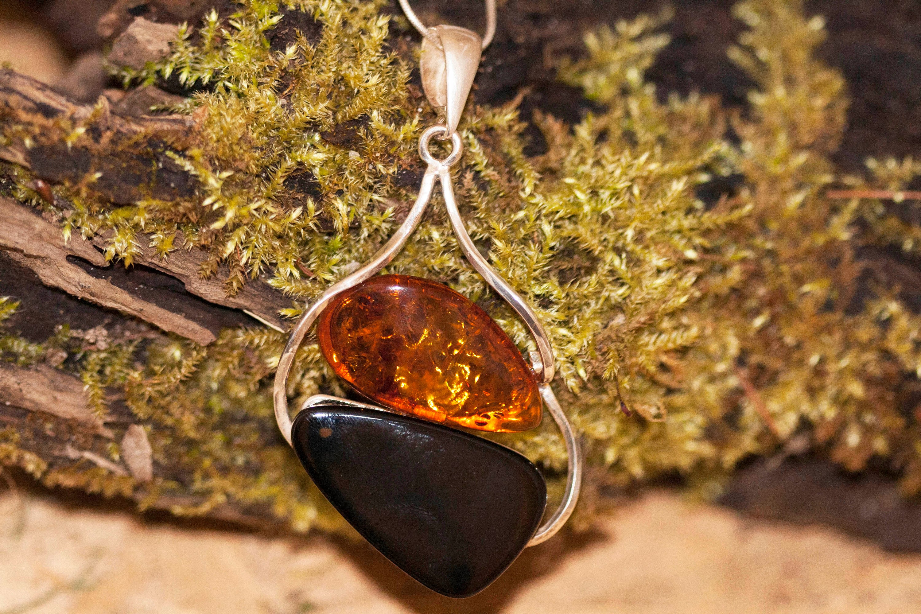 Amber and Black Onyx pendant. Sterling Silver pendant, British