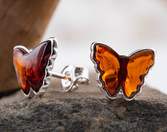 Butterfly shaped studs. Baltic amber earrings. Butterfly studs. Elegant earrings. Designer earrings. Gift for her. Genuine. Unique studs.