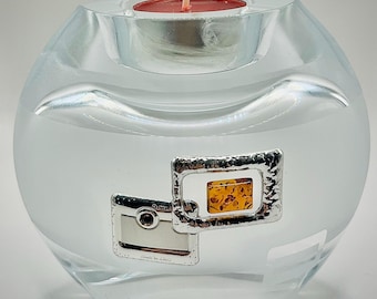 Luxury Glassware. Baltic Amber & sterling silver ornaments. Dual use. Candle holders and vase for flowers. Unique gift. Collector item.