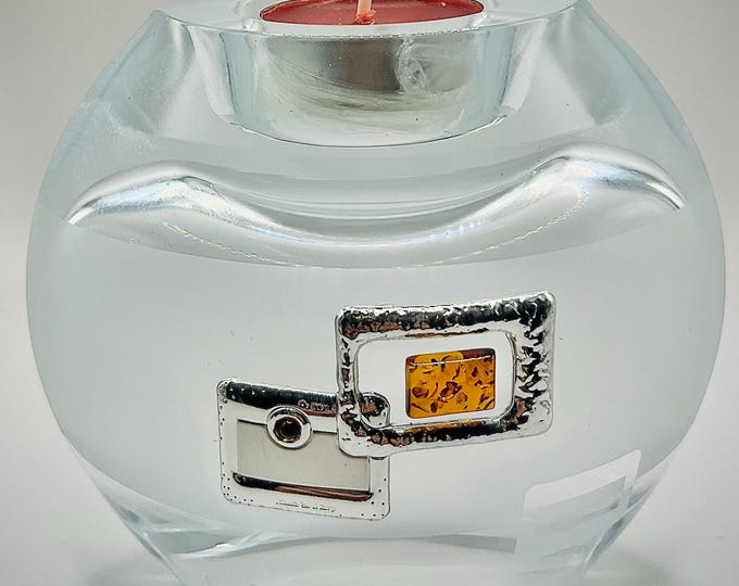 Luxury Glassware. Baltic Amber & sterling silver ornaments. Dual use. Candle holders and vase for flowers. Unique gift. Collector item.