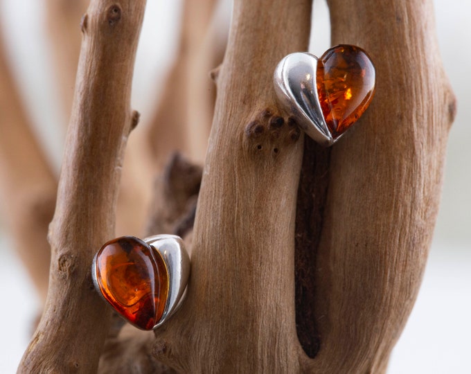 Heart shaped studs. Baltic amber earrings. Dainty studs. Elegant earrings. Designer earrings. Gift for her. Genuine amber. Unique studs.