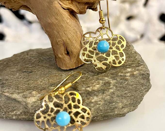 Turquoise and gold. Designer earrings. Sterling silver earrings. Flower earrings. Artistic jewelry. Elegant earrings. Turquoise earrings.