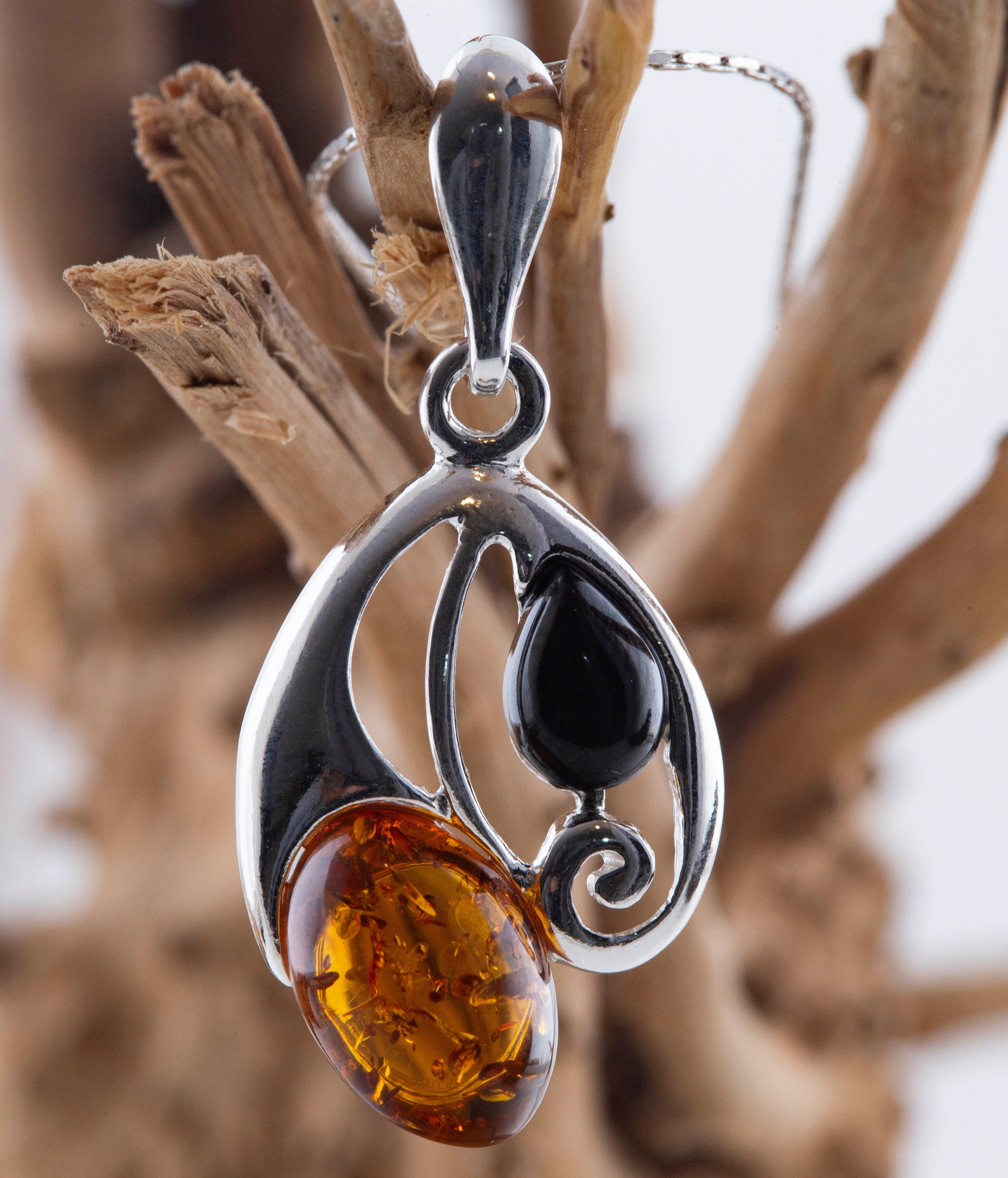Whitby Jet and Amber pendant. Sterling Silver Pendant. British 