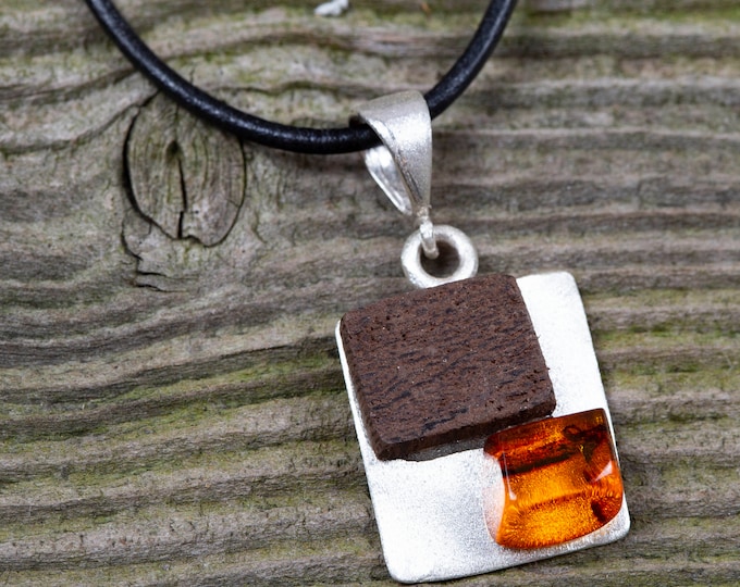 Cognac Amber & Wood pendant. Organic jewelry. Baltic Amber jewelry. Contemporary design. Unusual pendant. Artistic jewelry. Unique.