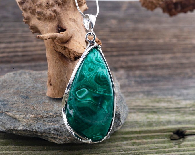 Malachite Pendant in Sterling Silver. Elegant pendant. Designer pendant. Artistic pendant.  Modern pendant. Unique. Substantial jewelry.