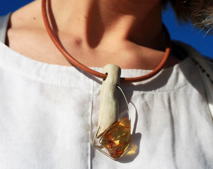 Baltic amber and storm wood Pendant. Amber necklace, Woden and silver  necklace. Baltic Amber jewelry.Contemporary jewelry. Unique pendant