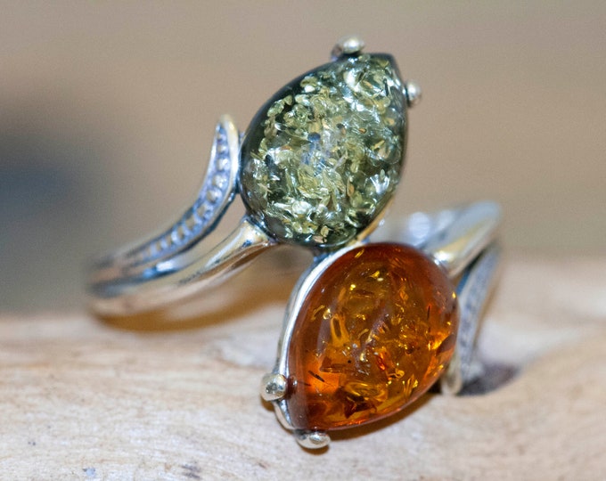 Baltic amber ring. Viking design. Sterling silver ring. Unique ring. Green amber. Handmade ring. Perfect gift. Multicolor ring.