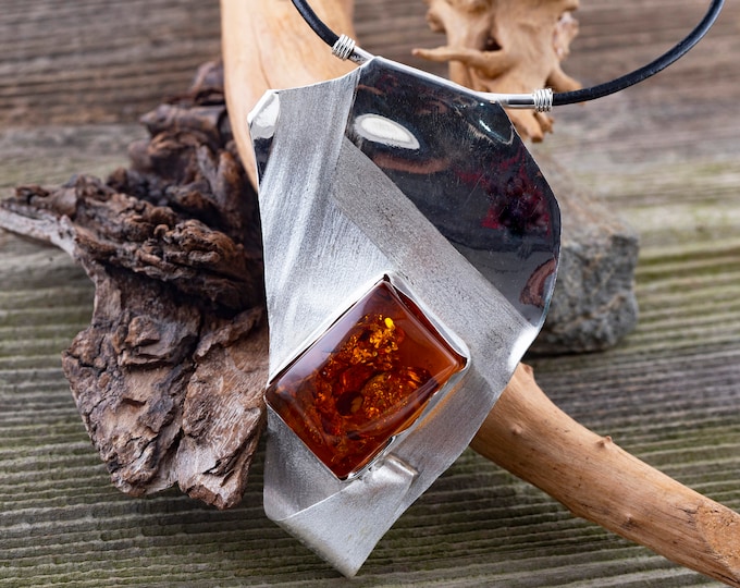 Baltic Amber Pendant. Elegant pendant. Designer pendant. Substantial pendant. Artistic pendant. Unique jewelry. Genuine amber. Modern.