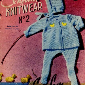 May include: Vintage baby knitwear pattern cover featuring a light blue knitted outfit with a bonnet and pants. The outfit has two yellow duck appliques. The cover reads "Infants' Knitwear No. 2" and "by Evelyn".