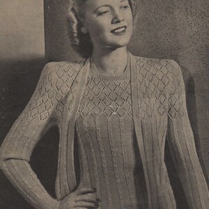 Vintage Twinset Cardigan Cables & Lace Knitting Pattern - Lincoln L1074 Folleto 675 Australiano 1940's - Busto de 34-36 pulgadas - PDF A4/Carta