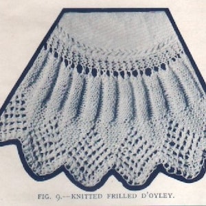 Può includere: Un centrino vintage lavorato a maglia con un design a balze. Il centrino bianco presenta un bordo smerlato e un motivo traforato dettagliato. Il testo in basso recita "FIG. 9.--KNITTED FRILLED D'OYLEY."