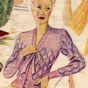 May include: Vintage illustration of a woman wearing a lavender cardigan with a bow detail. The cardigan has a textured pattern on the sleeves and bodice. The woman has blonde hair and red lipstick. The background is a faded, aged paper.