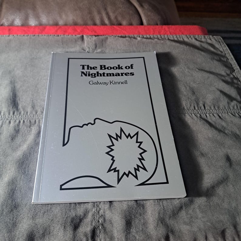 May include: A silver book titled "The Book of Nightmares" by Galway Kinnell. The cover features a black line drawing of a face and a starburst shape. The book is on a grey surface.