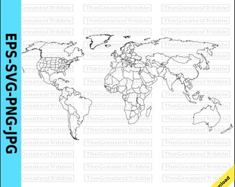 World Map World Countries and US States Map eps svg png jpg Vector Graphic Clip Art, Outline World Map, Outline Countries Map