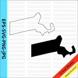 Könnte beinhalten: Eine schwarz-weiße Silhouette des Bundesstaates Massachusetts. Die Umrisse des Bundesstaates sind schwarz gefüllt. Das Bild ist bereit für die Verwendung mit einer Cricut-Schneidemaschine.