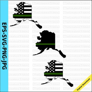 May include: Two digital cut files of the state of Alaska. One file features the American flag with a thin green line, and the other file features a black outline of the state with a thin green line.