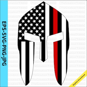 May include: A black and white American flag with a red stripe down the right side, in the shape of a Spartan helmet. The flag is a symbol of support for firefighters.