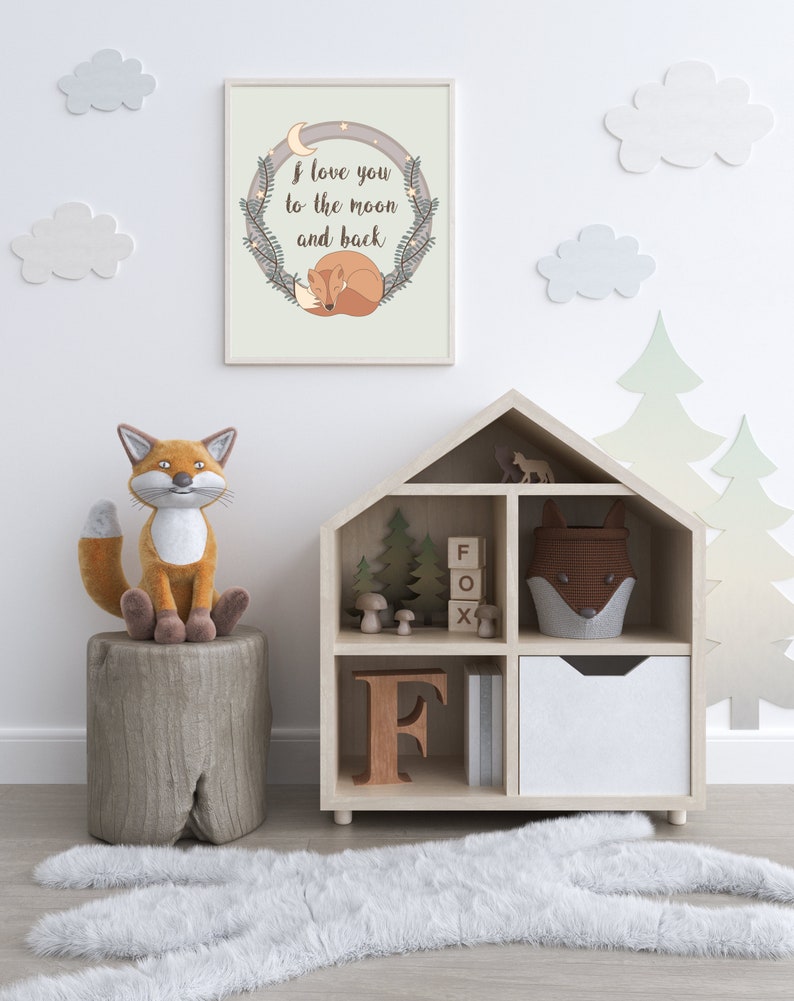 I love you to the moon and back Sleeping Fox Poster Nursery Room Decor Kids Room Decor Baby Gift PNG Woodland Nursery Decor Fox Wall Art image 2