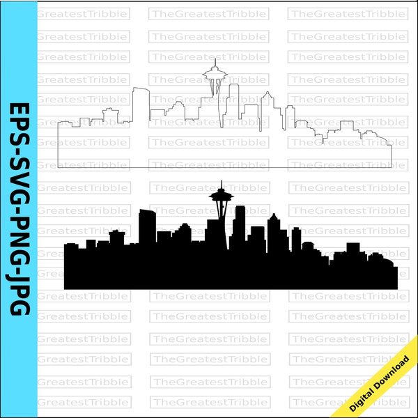 Seattle City Skyline Silhouette Seattle City Skyline Outline eps svg png jpg Vector Graphic Clip Art Washington