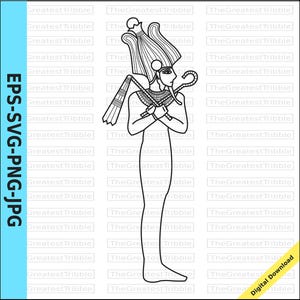 May include: Black and white line art illustration of an Egyptian pharaoh wearing a tall headdress and holding a staff and crook.