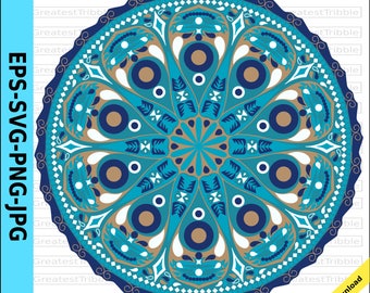 Mandala Clip Art eps svg png jpg Vector Graphic Clip Art Bohemian Tribal Pattern Outline Color Blue