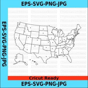 May include: A black and white digital map of the United States featuring state borders and small star icons within each state. The text EPS-SVG-PNG-JPG appears on the sides, with Cricut Ready and EPS-SVG-PNG-JPG at the bottom of the image.